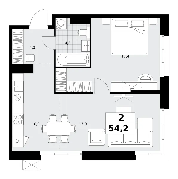 2-комн. 54.2 м²