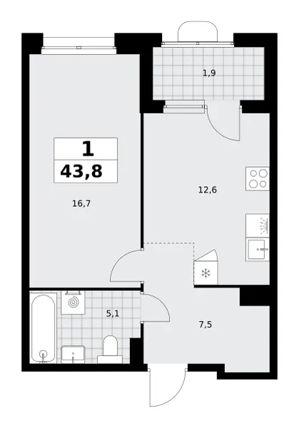 1-комн. 43.8 м²