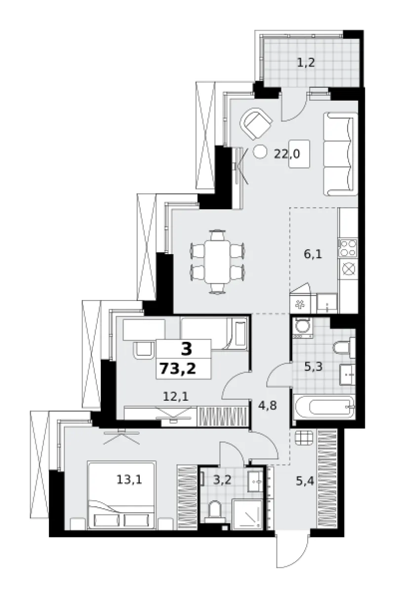 3-комн. 73.2 м²
