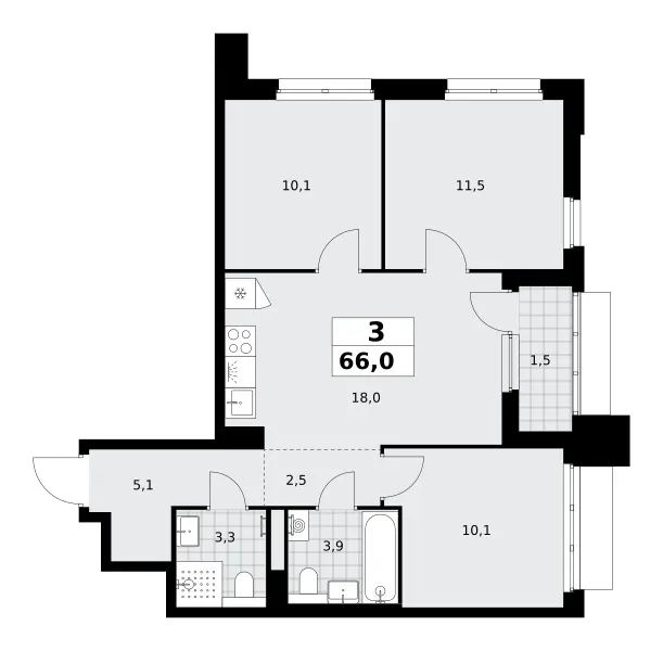 3-комн. 66 м²