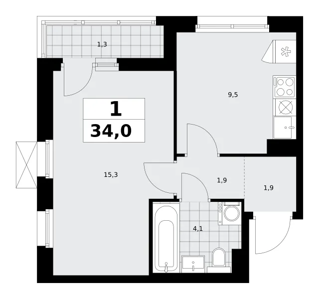 1-комн. 34 м²