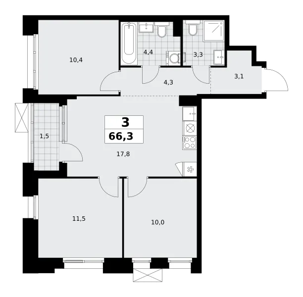 3-комн. 66.3 м²