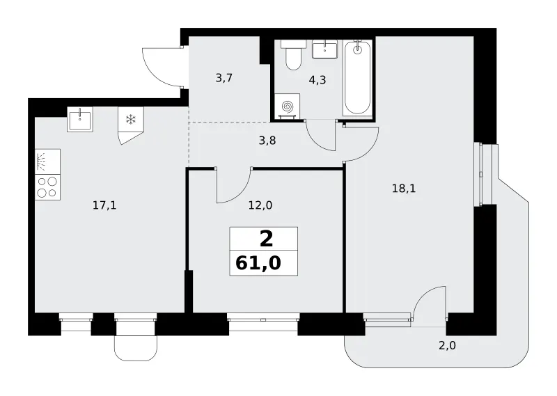 2-комн. 61 м²