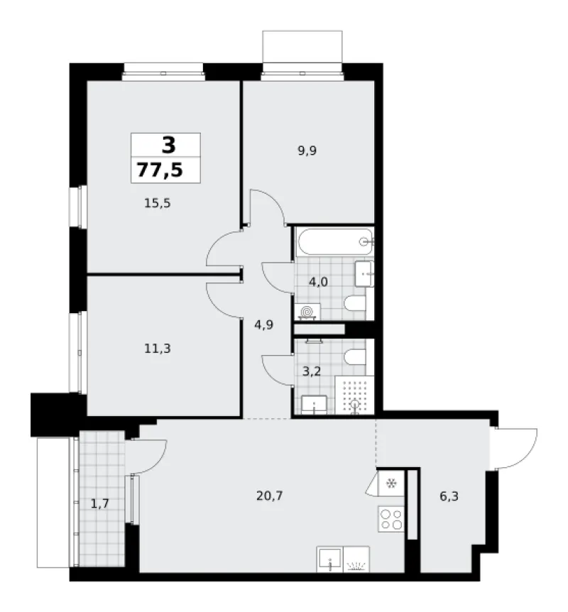 3-комн. 77.5 м²