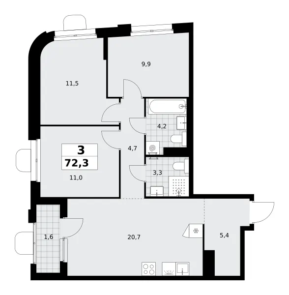 3-комн. 72.3 м²