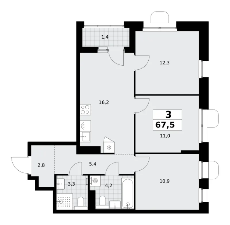 3-комн. 67.5 м²