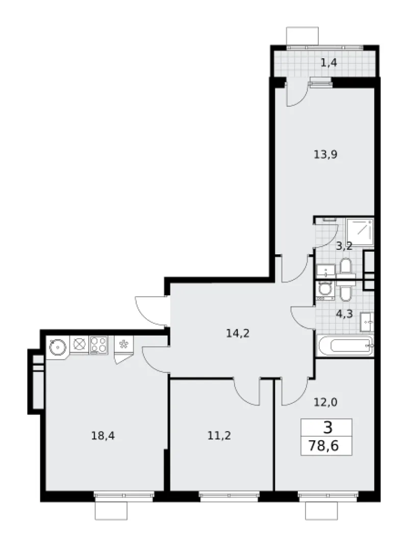 3-комн. 78.6 м²