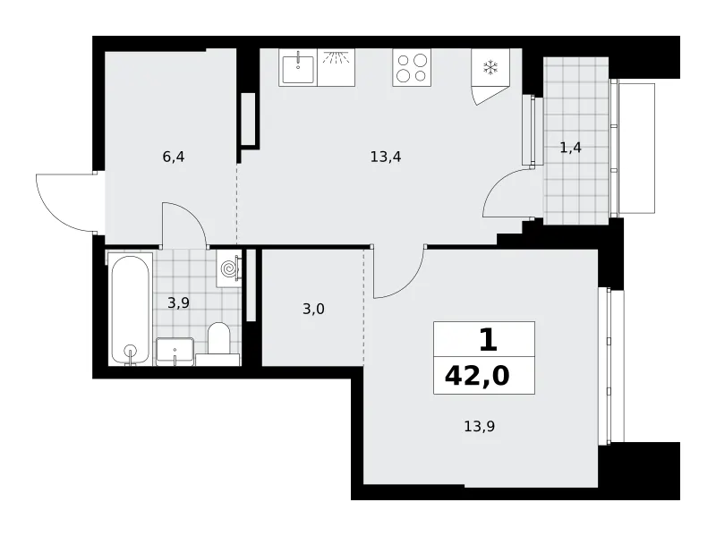 1-комн. 42 м²
