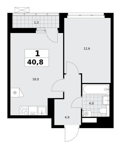 1-комн. 40.8 м²