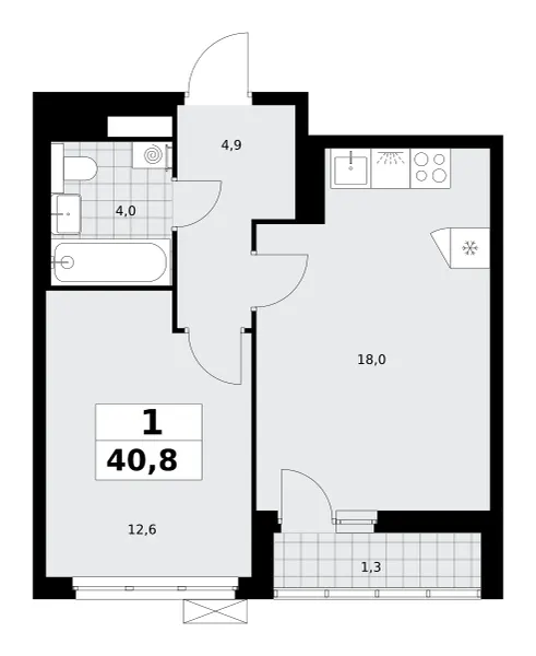 1-комн. 40.8 м²