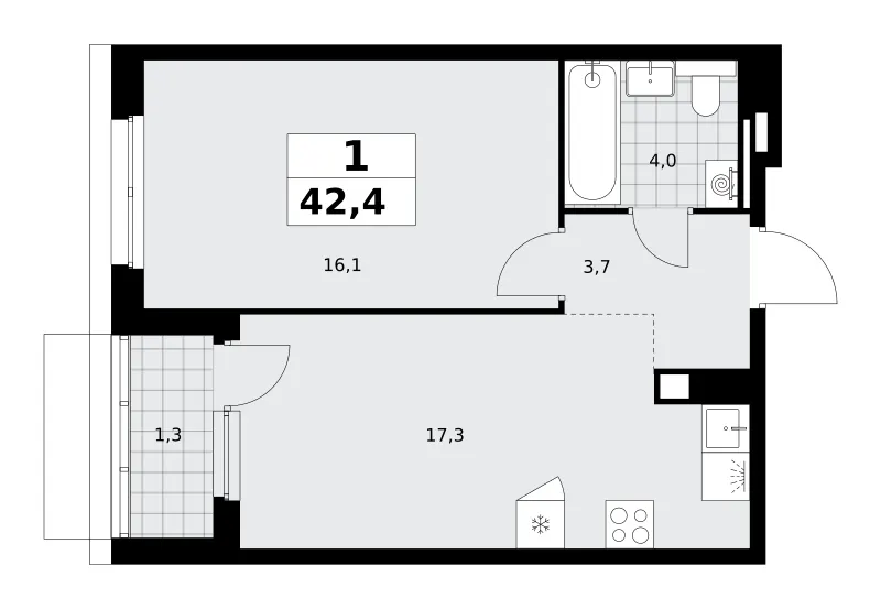 1-комн. 42.4 м²