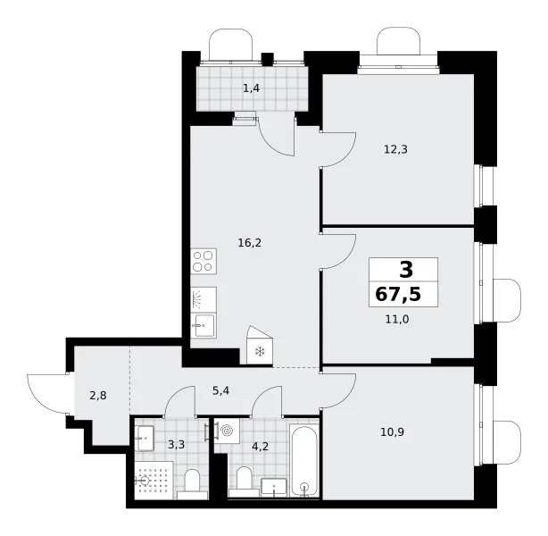 3-комн. 67.5 м²