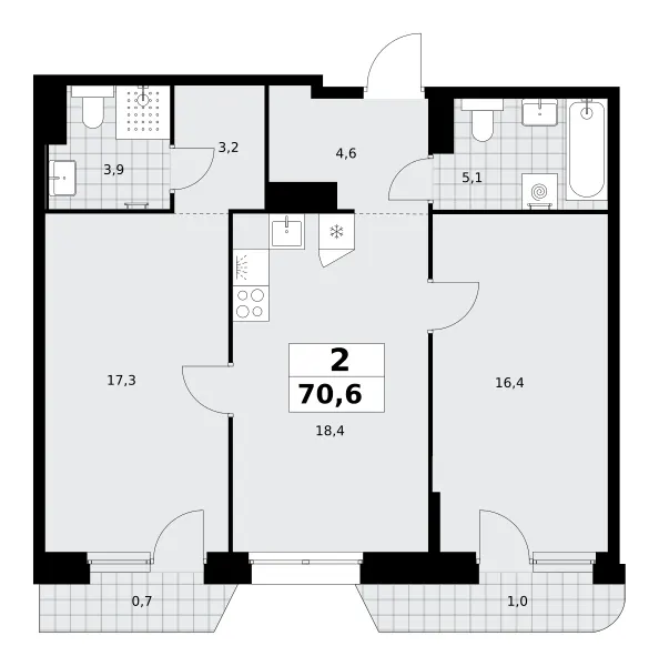 2-комн. 70.6 м²