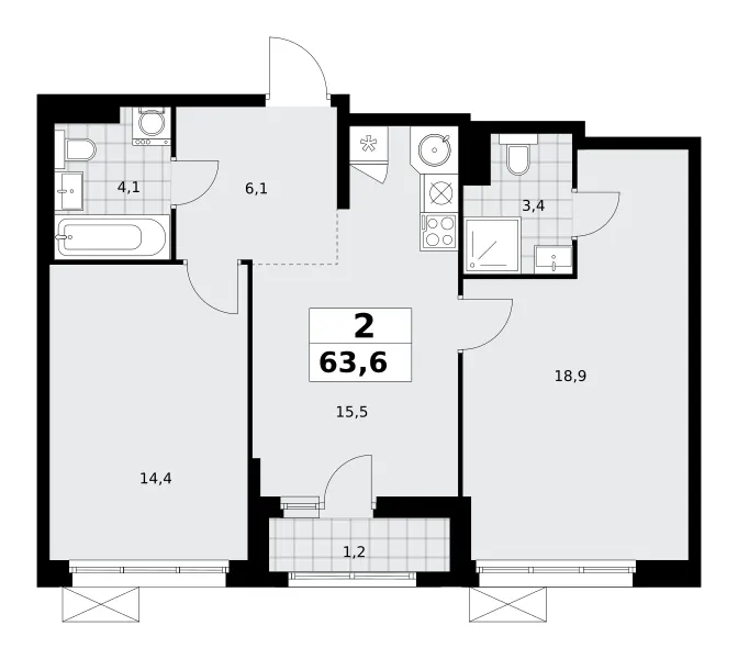2-комн. 63.6 м²
