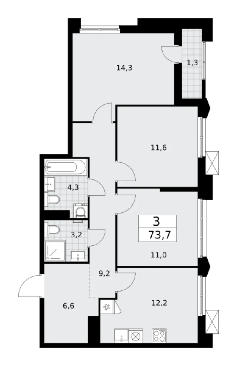 3-комн. 73.7 м²