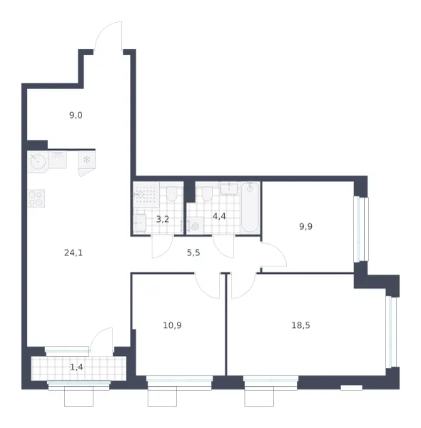 3-комн. 86.9 м²