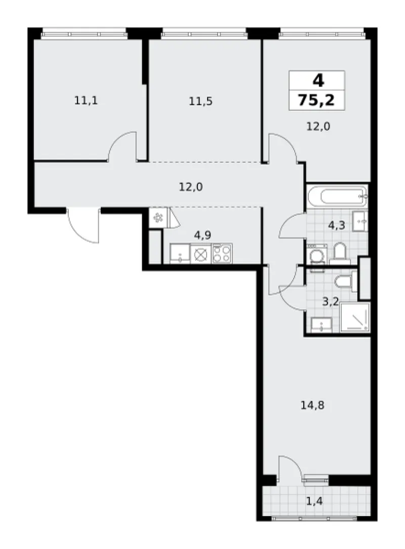 4-комн. 75.2 м²