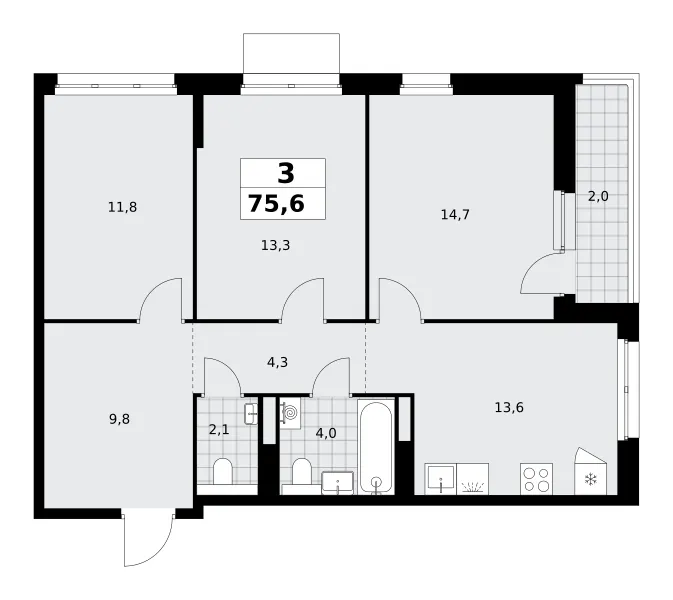 3-комн. 75.6 м²