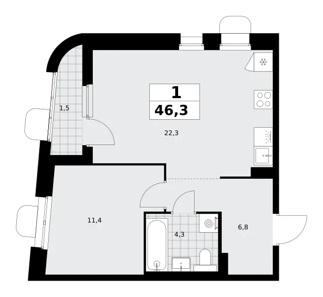 1-комн. 46.3 м²