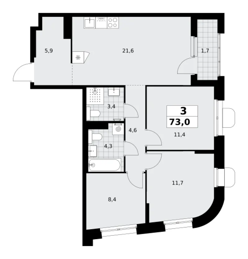 3-комн. 73 м²