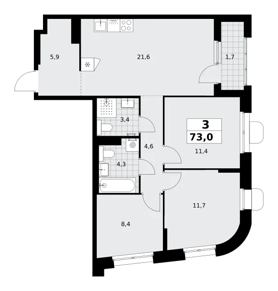 3-комн. 73 м²