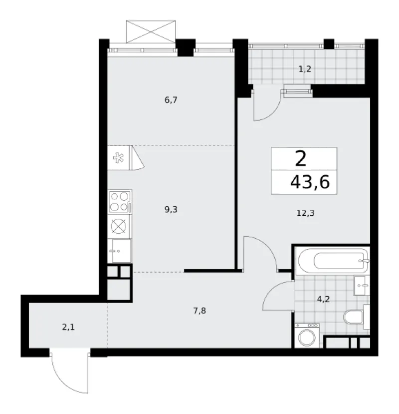 2-комн. 43.6 м²