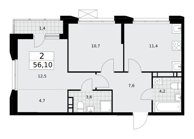 2-комн. 56.1 м²