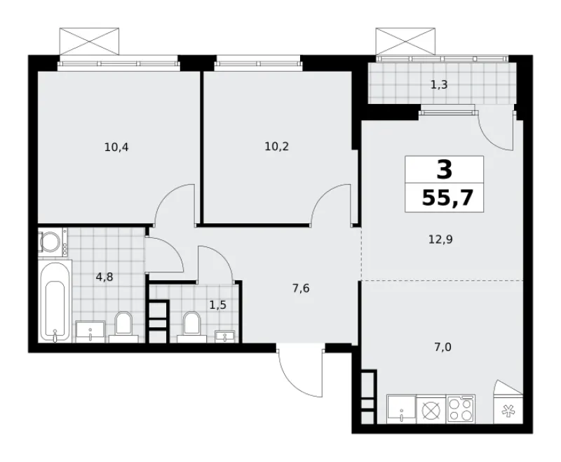 3-комн. 55.7 м²