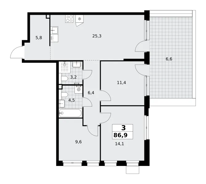 3-комн. 86.9 м²