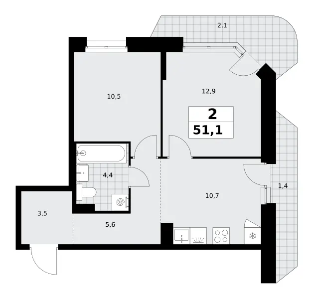 2-комн. 51.1 м²