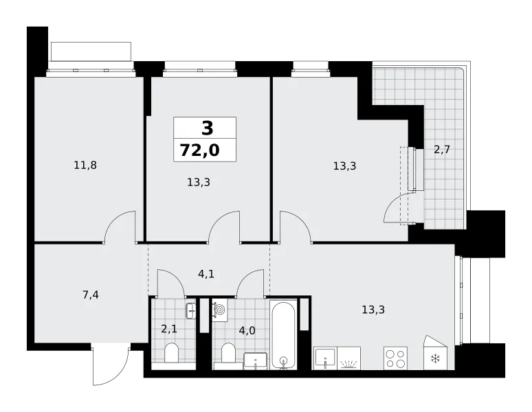 3-комн. 72 м²