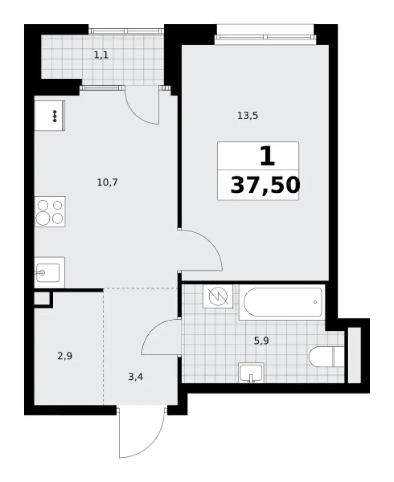 1-комн. 37.6 м²
