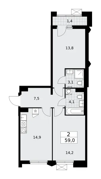 2-комн. 59 м²