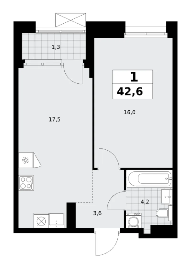 1-комн. 42.6 м²