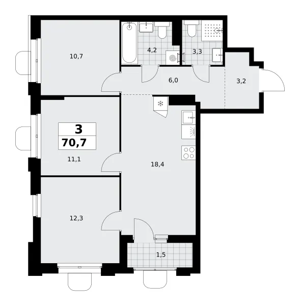 3-комн. 70.7 м²