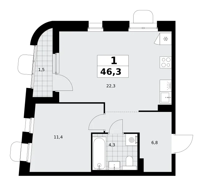 1-комн. 46.3 м²