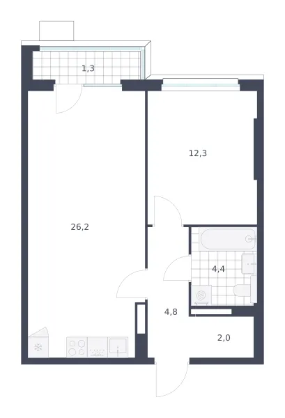 1-комн. 51 м²