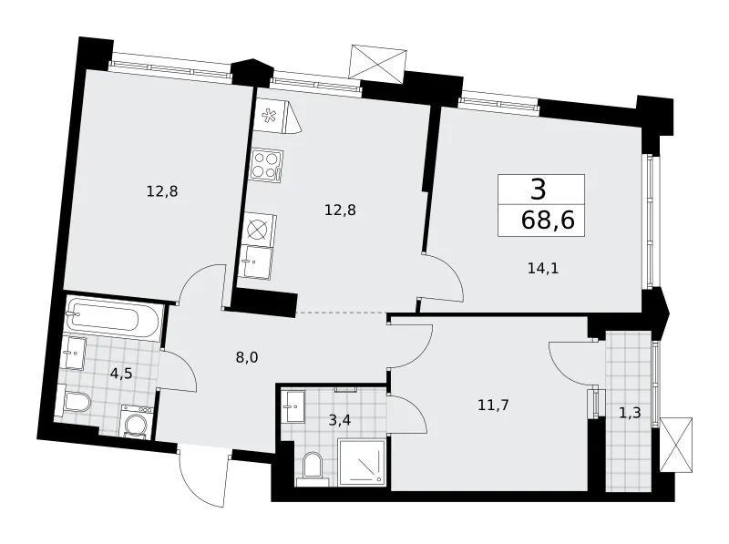 3-комн. 68.6 м²