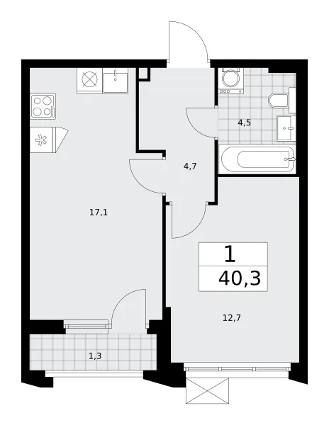 1-комн. 40.3 м²