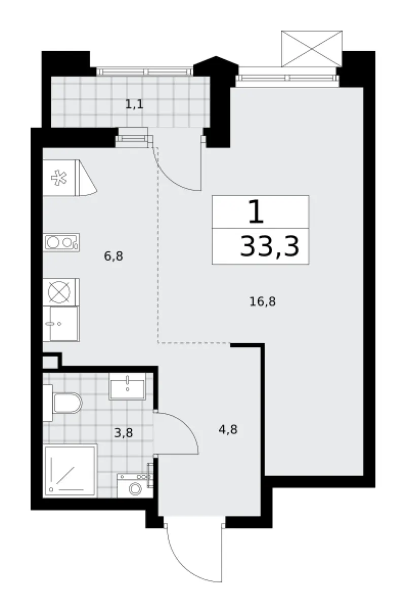 Студия 33.3 м²