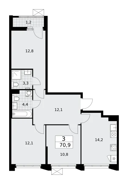 3-комн. 70.9 м²