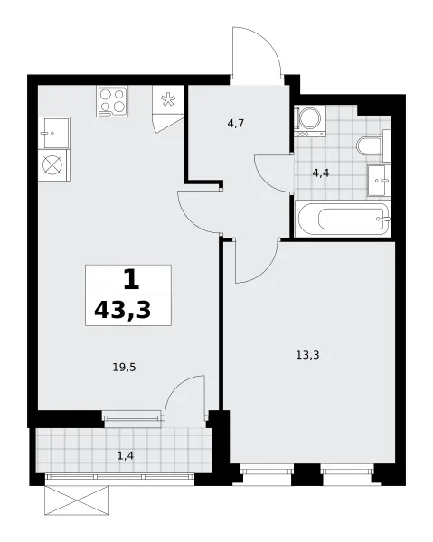 1-комн. 43.3 м²