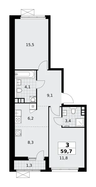 3-комн. 59.7 м²