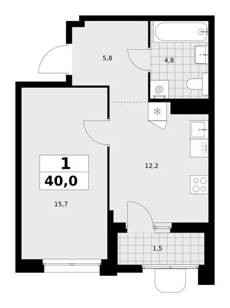 1-комн. 40 м²