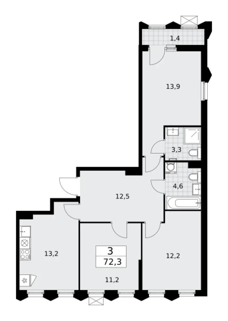 3-комн. 72.3 м²