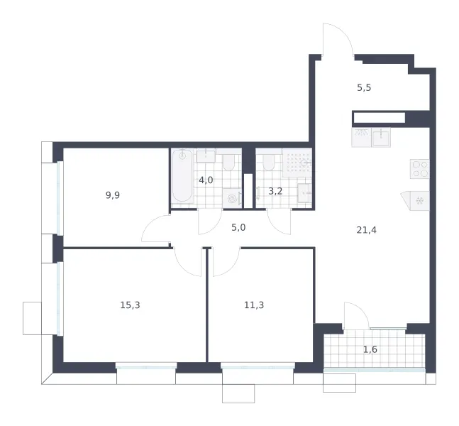 3-комн. 77.2 м²