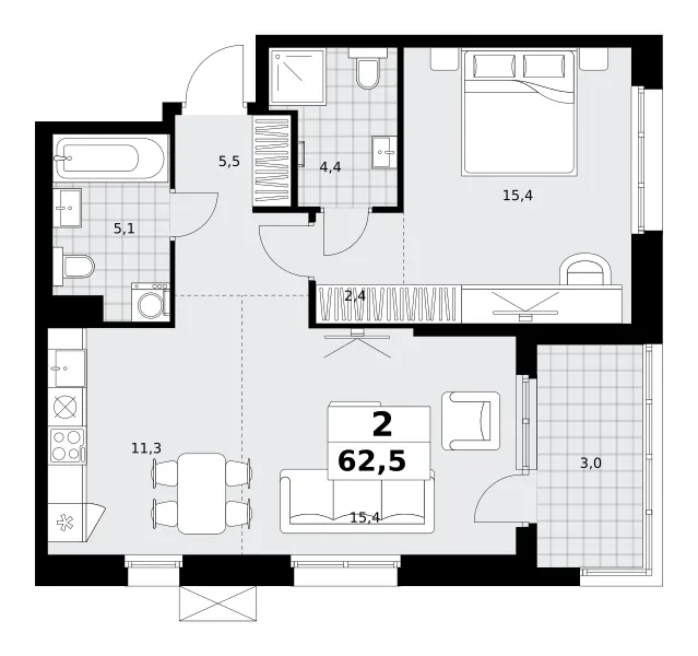 2-комн. 62,5 м²