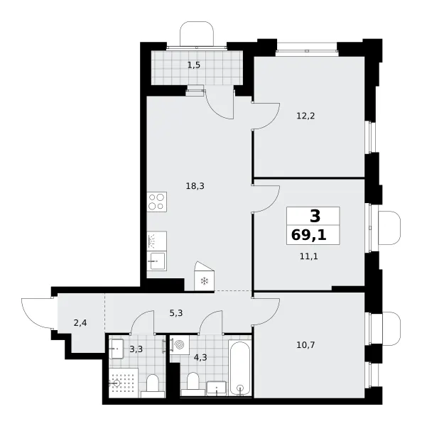 3-комн. 69.1 м²
