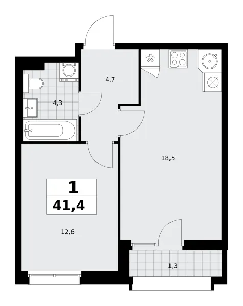 1-комн. 41.4 м²