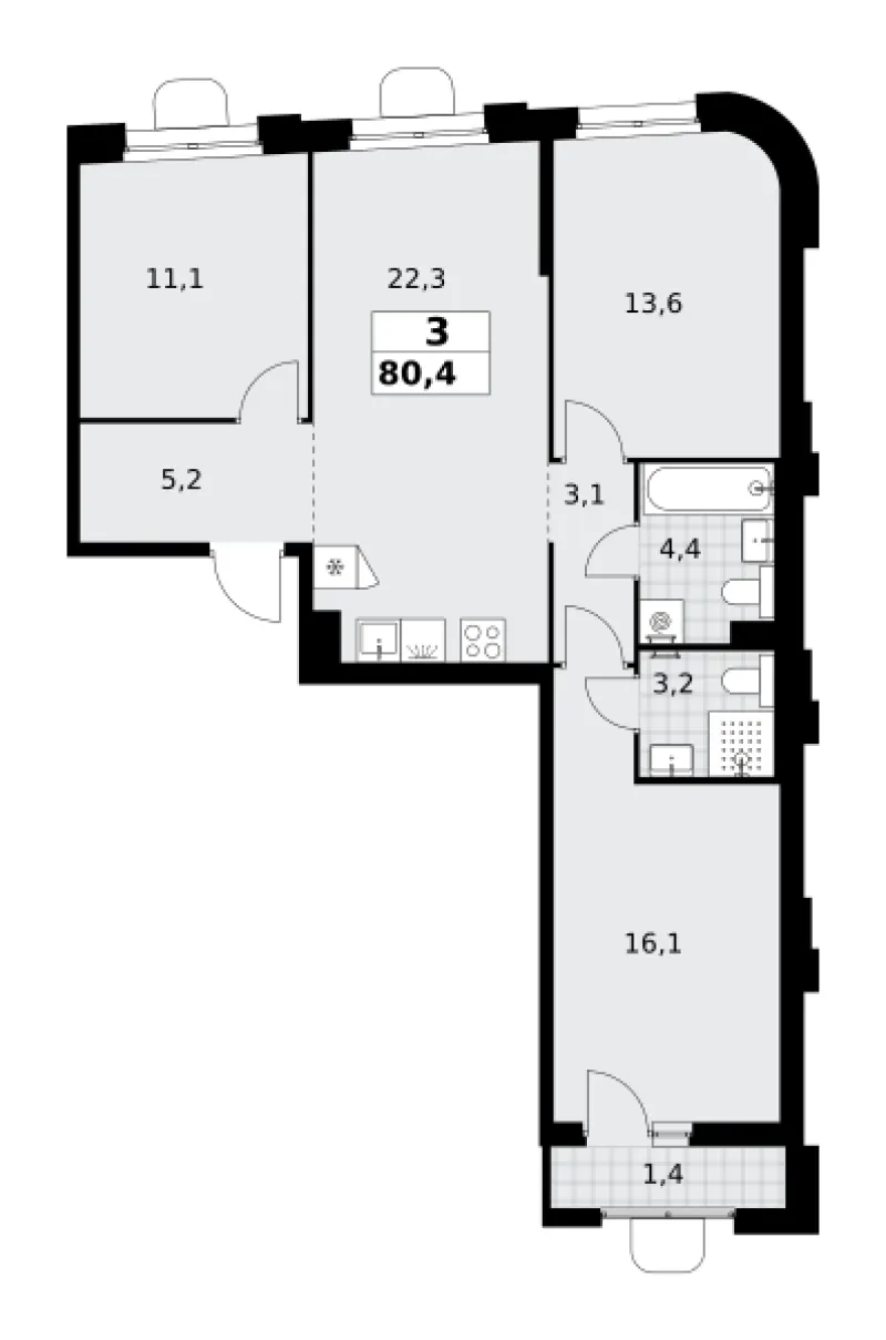 3-комн. 80.4 м²